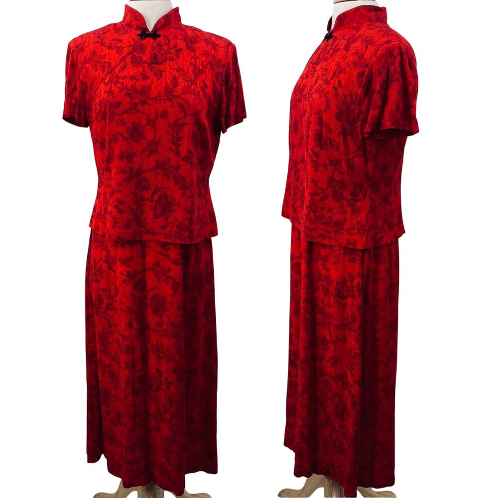 Vintage 90s Qipao Cheongsam Maxi Dress Layered Bodice High Neck Floral Red Black